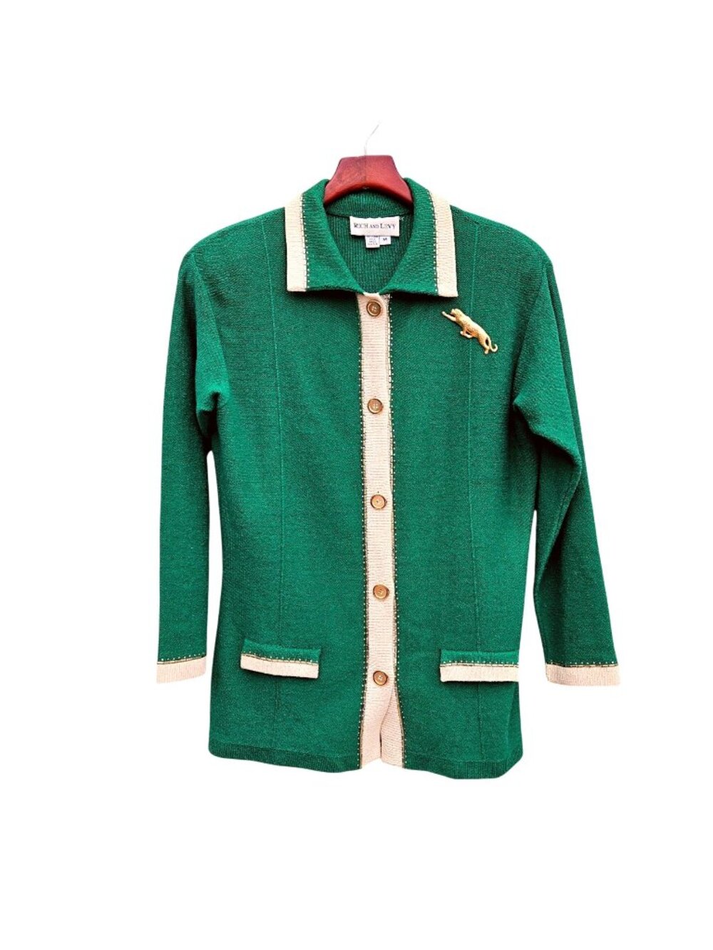 Vintage 80s Rich Levy Green Wool Knit Cardigan Leopard Brooch Womens L